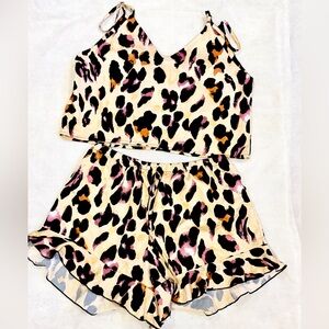 Fashion Nova Leopard Satin 2-Piece Set | Cami Crop Top & Ruffle Shorts | Size L